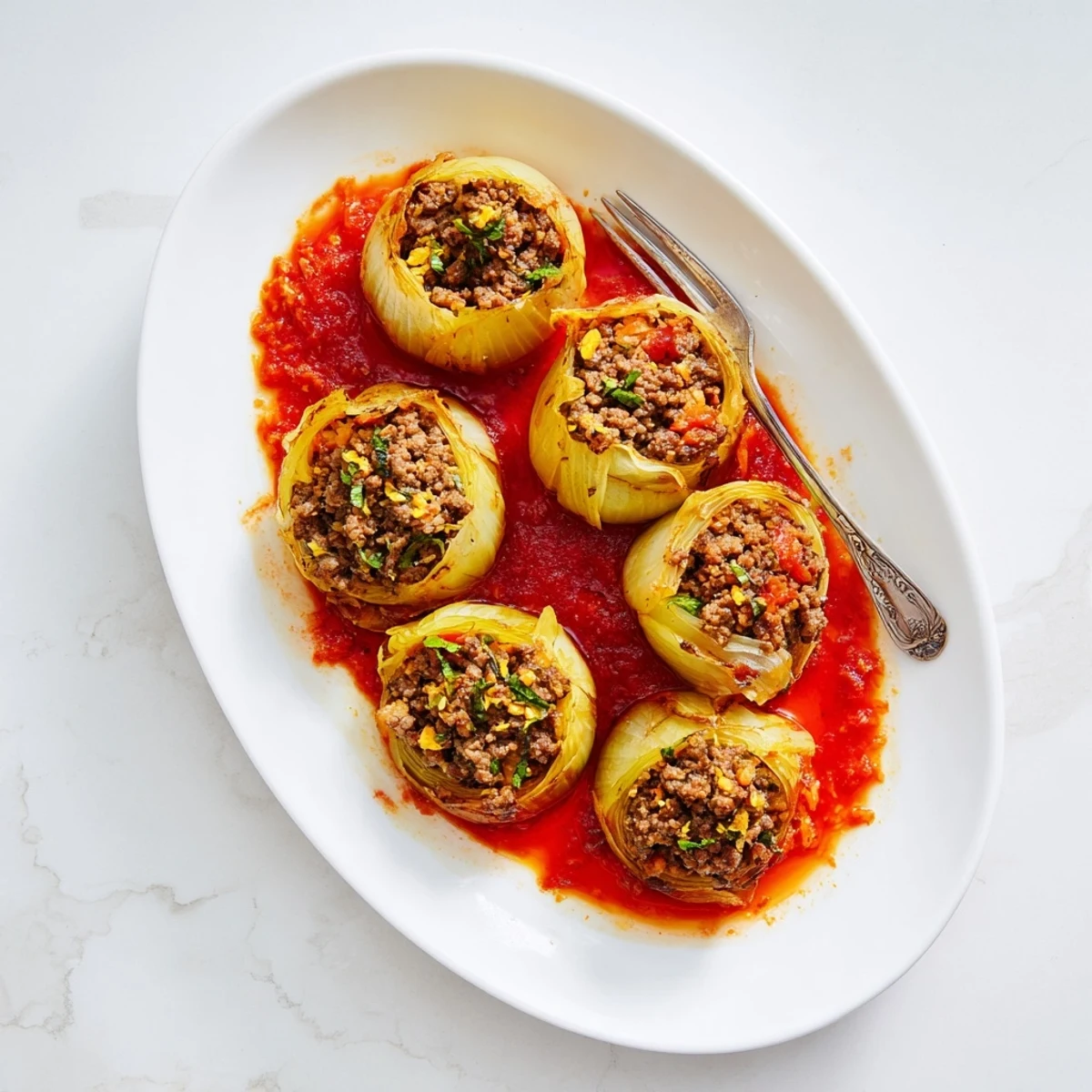 Golden brown Greek stuffed onions simmered in rich tomato sauce with fresh herbs