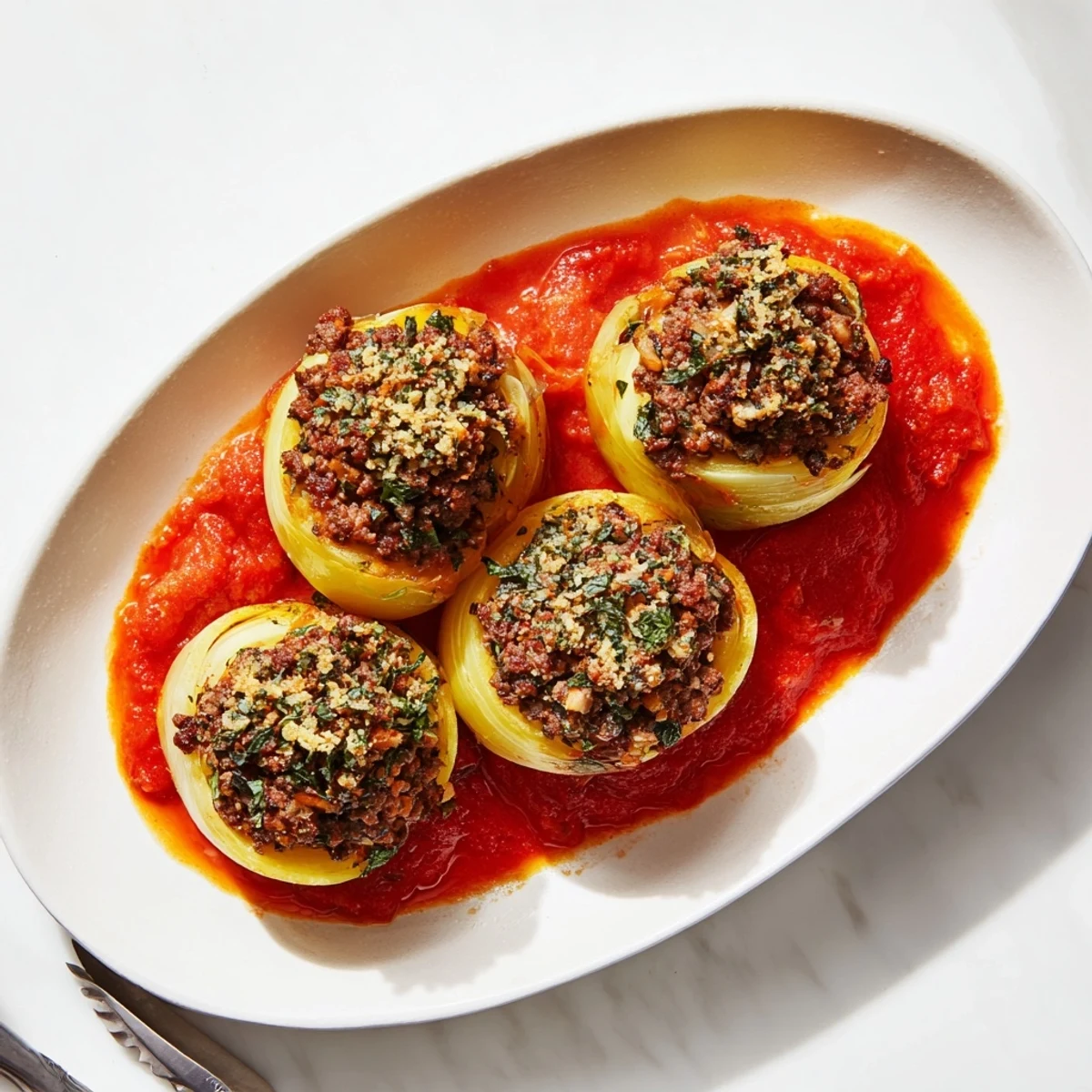 Tender baked Greek stuffed onions filled with savory beef rice mixture and Mediterranean spices