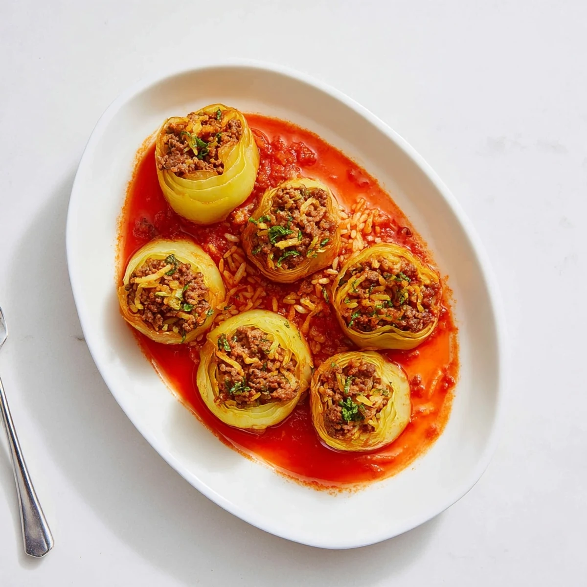 Plate of Greek stuffed onions drizzled with thick tomato sauce and garnished with parsley