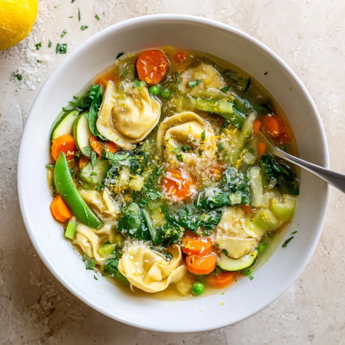 Colorful vegetable tortellini soup featuring carrots, zucchini, spinach, and cheese pasta in light broth