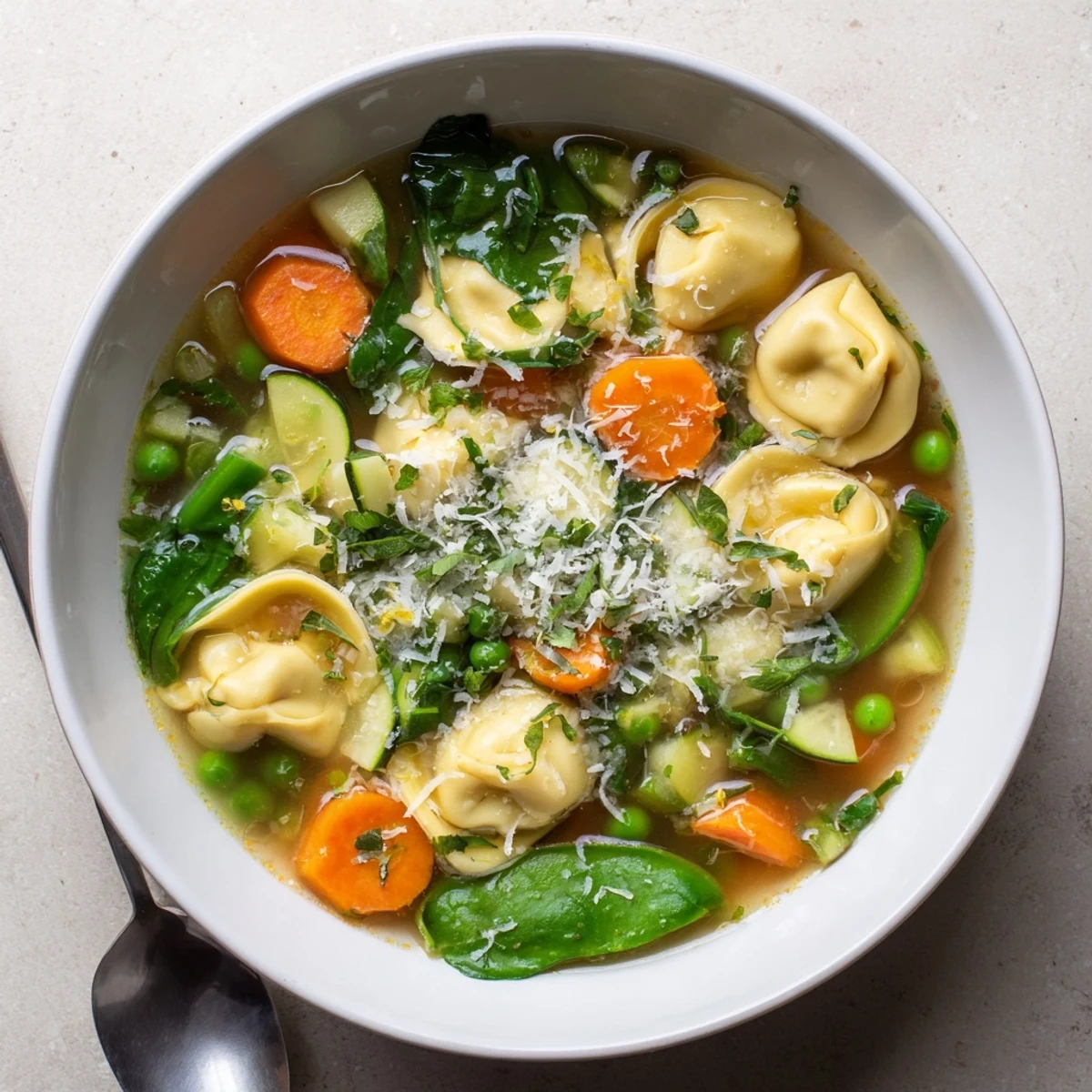 Creamy spring tortellini soup bowl garnished with fresh parsley, lemon zest, and grated Parmesan cheese