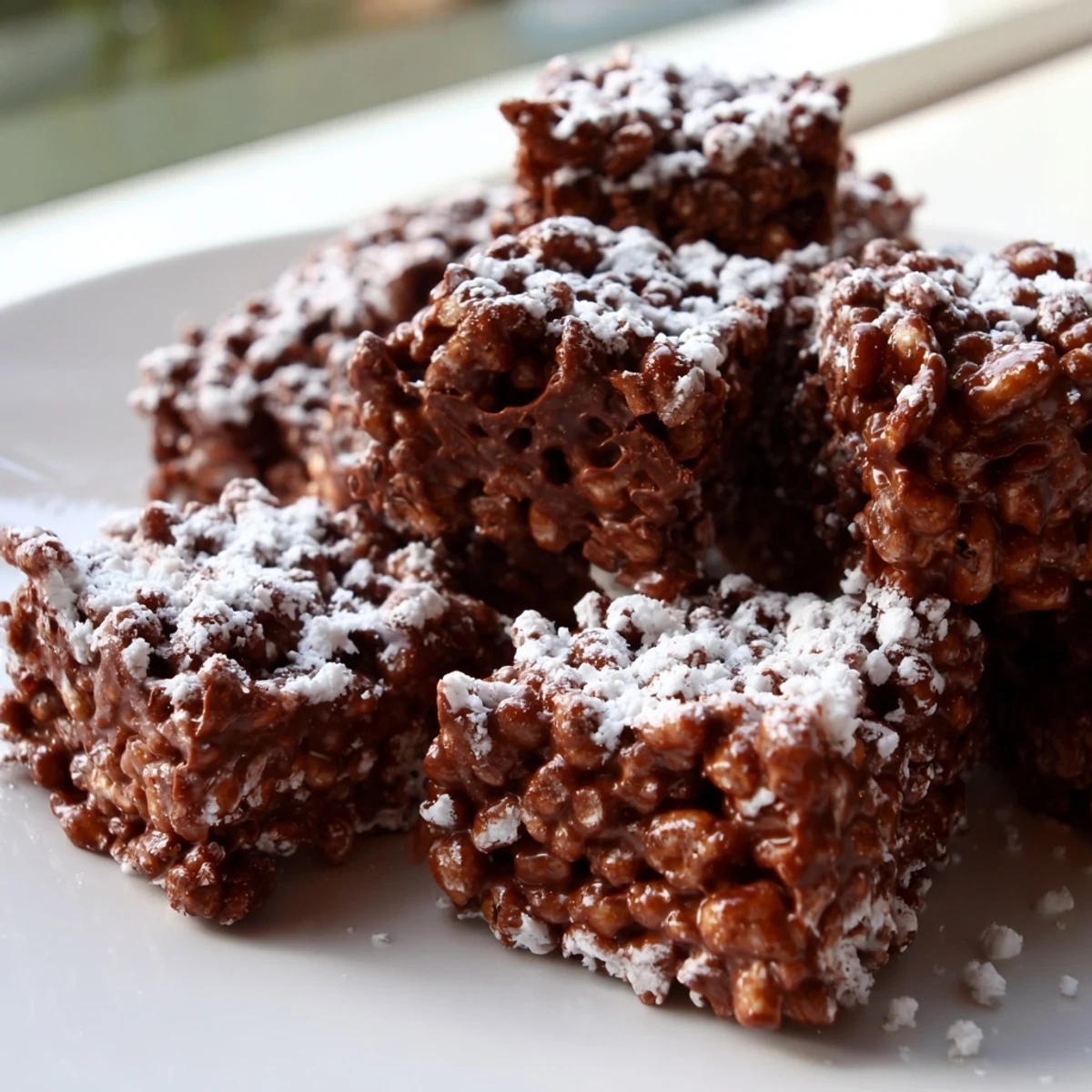 Homemade Muddy Buddy Rice Krispies squares coated in white powdered sugar on a wooden board