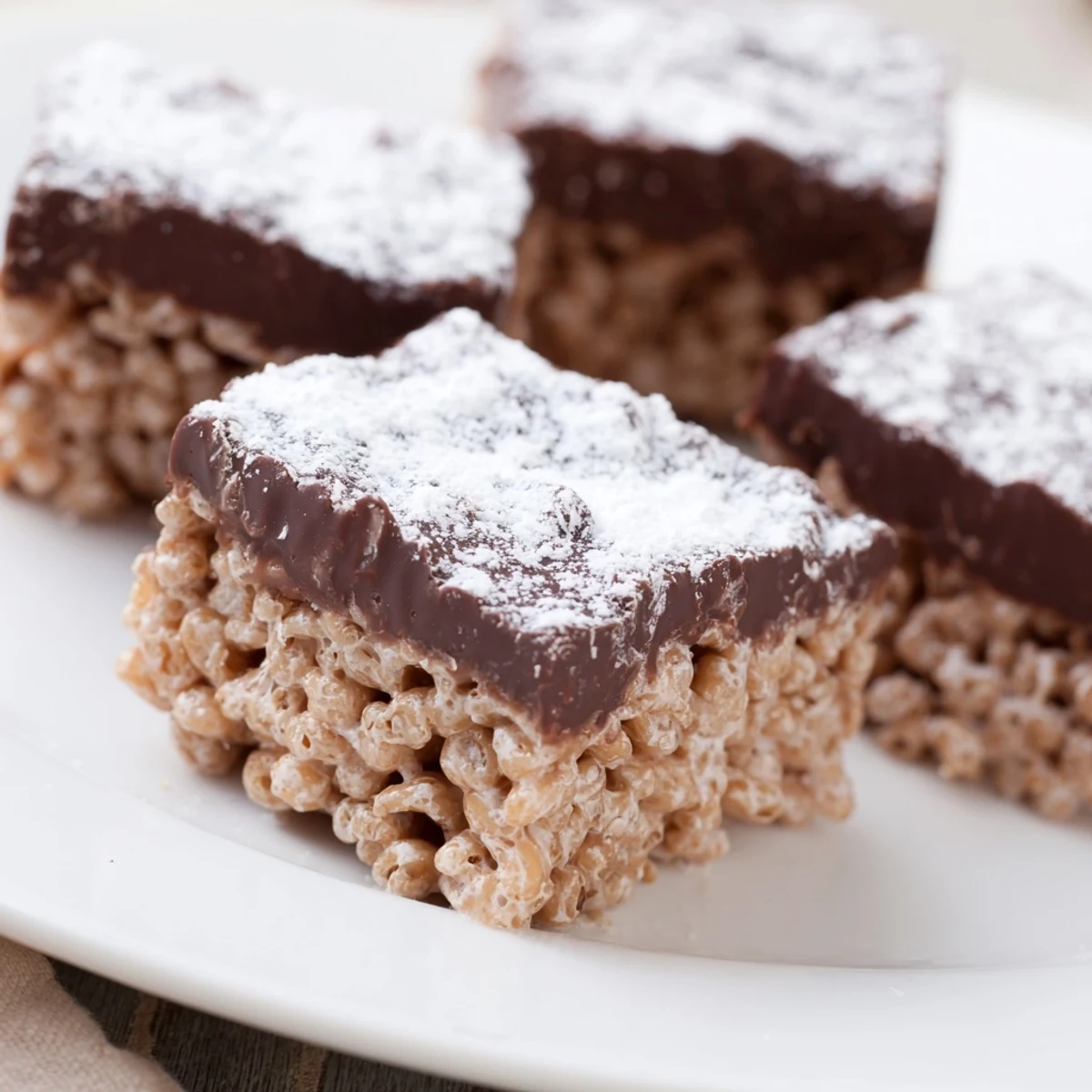 Chocolate peanut butter covered Rice Krispies treat dusted with powdered sugar on a white plate