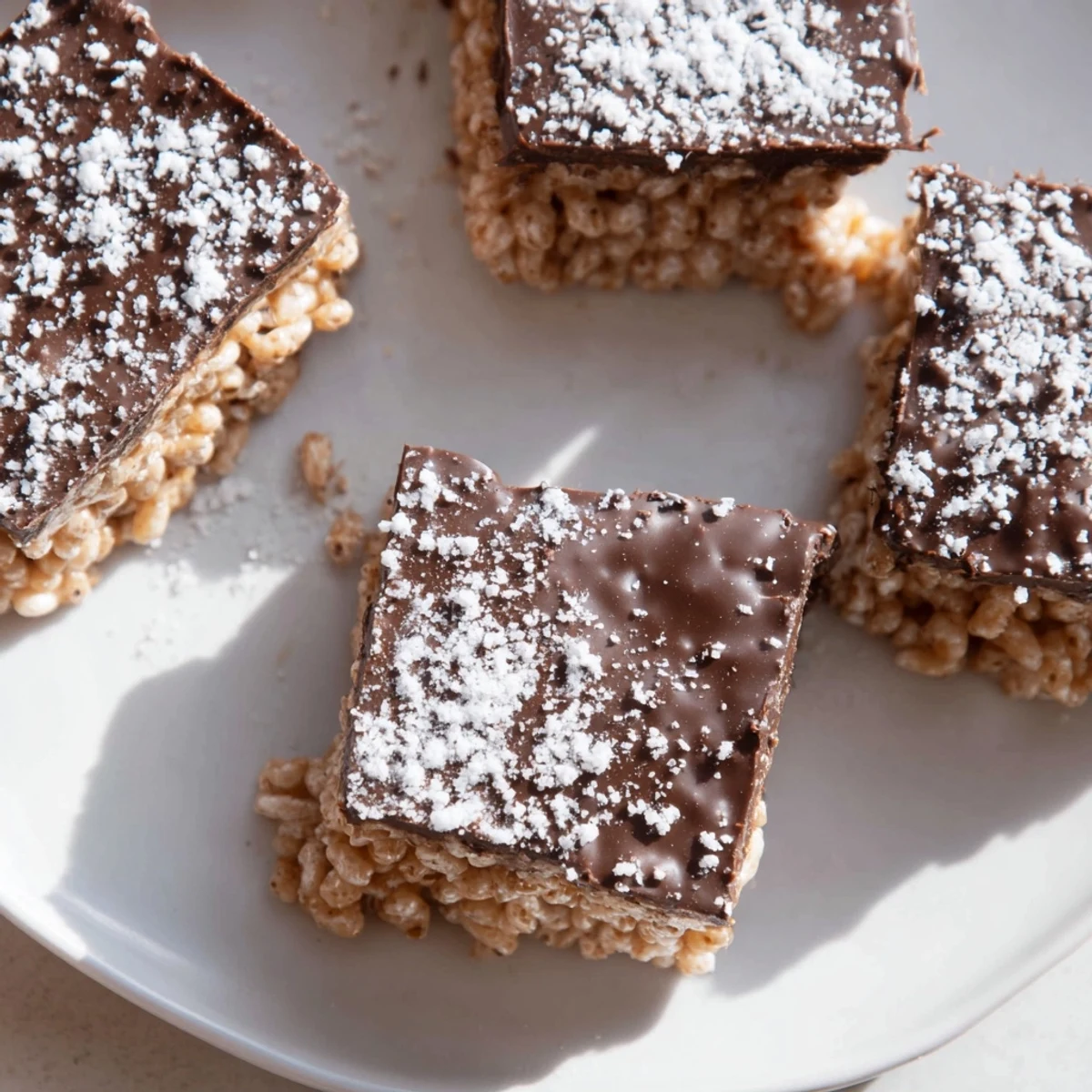 Close up of Muddy Buddy Rice Krispies with chocolate peanut butter and powdered sugar coating