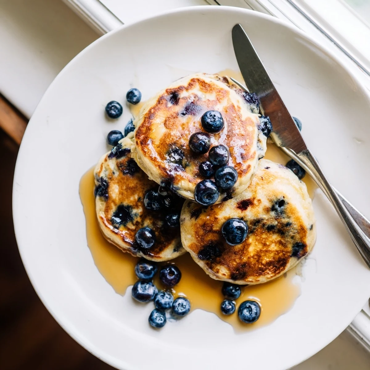 Golden stack of fluffy Greek yogurt blueberry pancakes topped with fresh berries and drizzled with maple syrup
