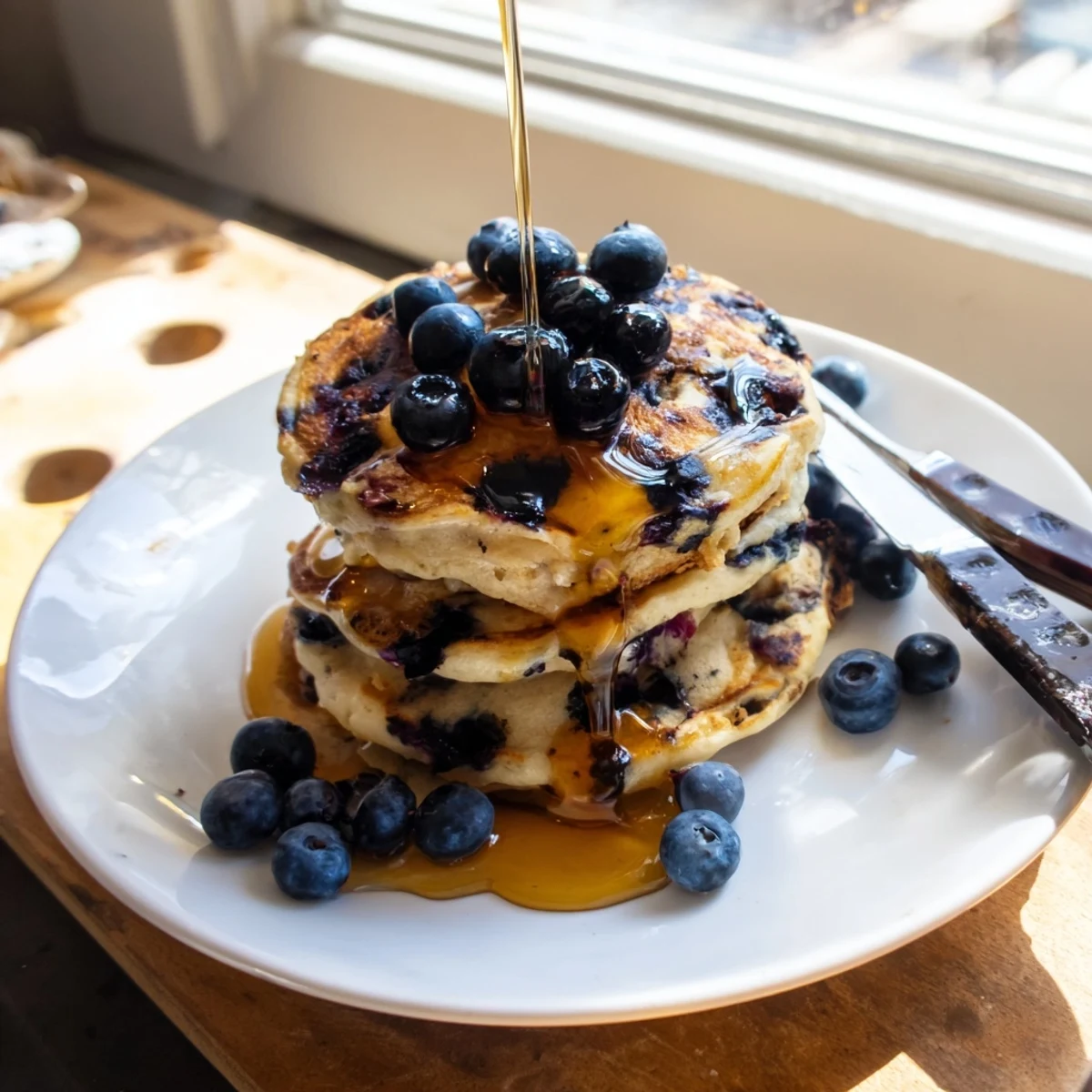 Plate of protein-rich Greek yogurt blueberry pancakes served with melted butter and extra juicy blueberries