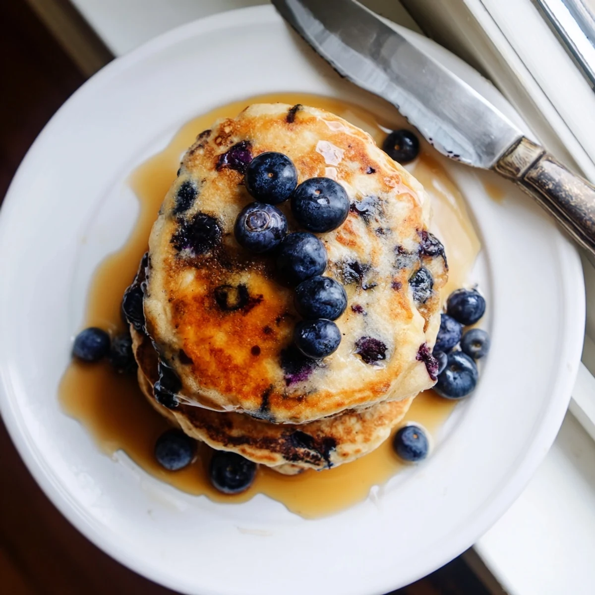 Light and airy Greek yogurt blueberry pancakes cooking on a griddle with bubbles forming on the surface
