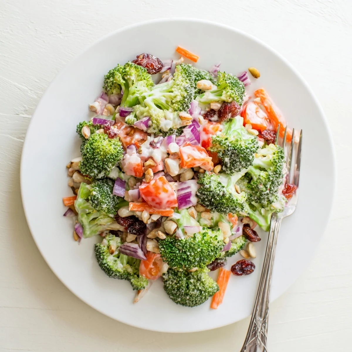 Creamy broccoli salad tossed with tangy yogurt dressing, cheddar cheese, and crunchy roasted almonds