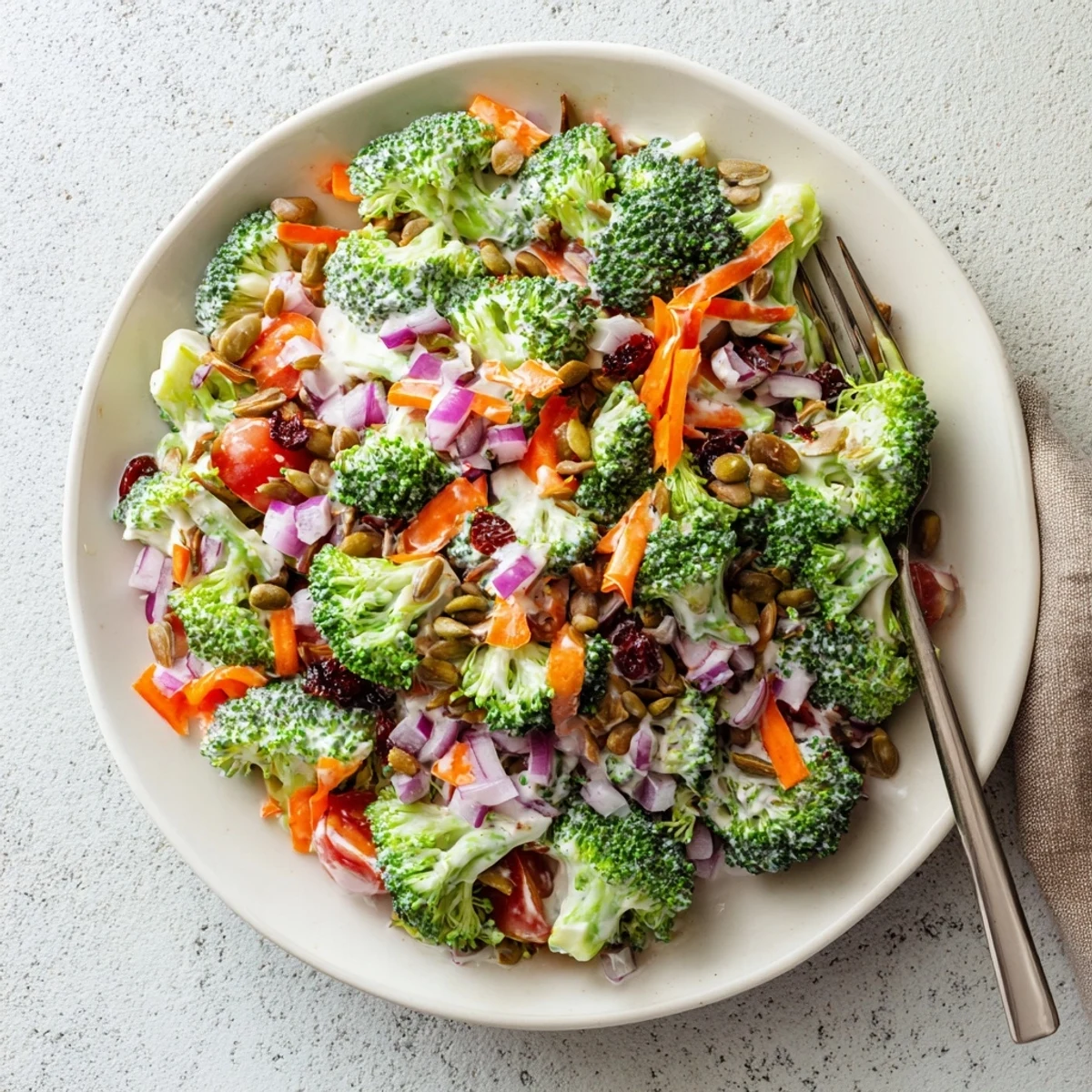Fresh broccoli salad bowl with crispy florets, red onion, dried cranberries, and sunflower seeds