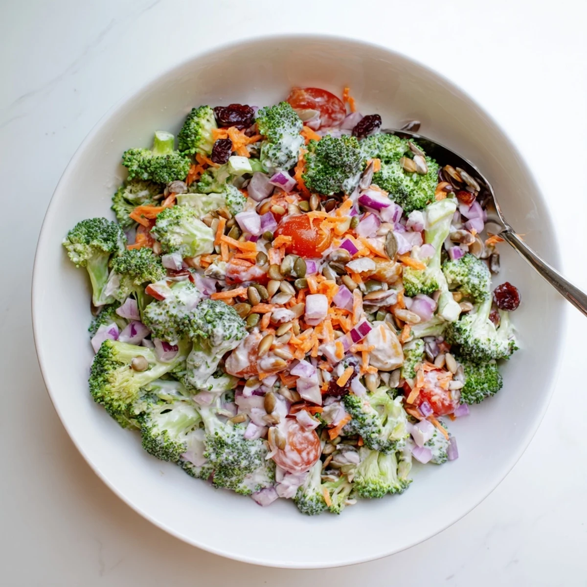 Colorful broccoli salad featuring crisp vegetables, sweet cranberries, and sunflower seeds in a white bowl