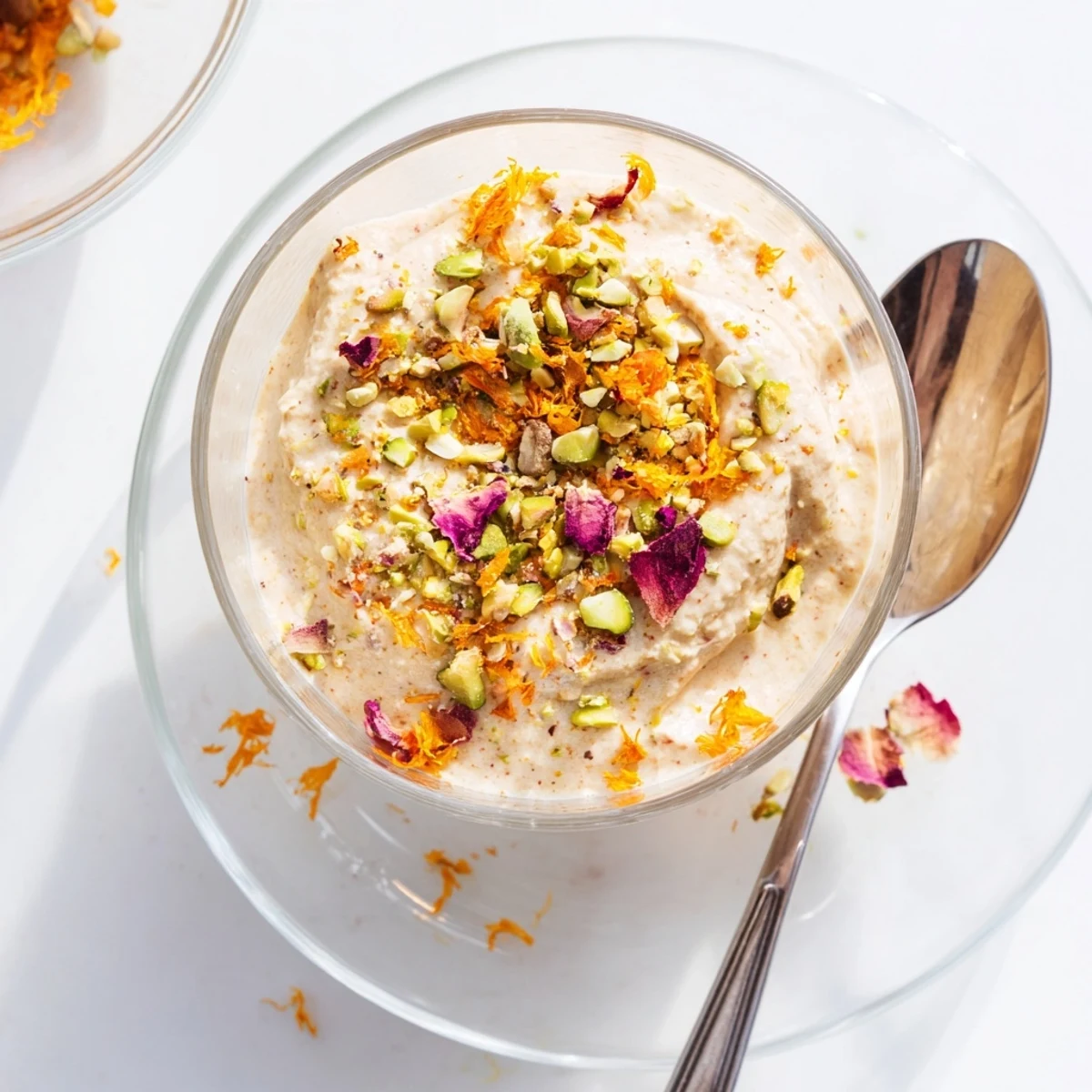 Creamy Lebanese date blossom mousse topped with crushed pistachios and delicate orange zest