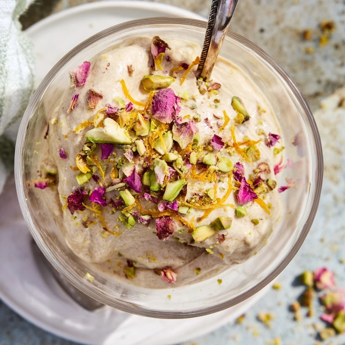 Light Lebanese mousse with plump Medjool dates, whipped cream, and garnished pistachios for special occasions