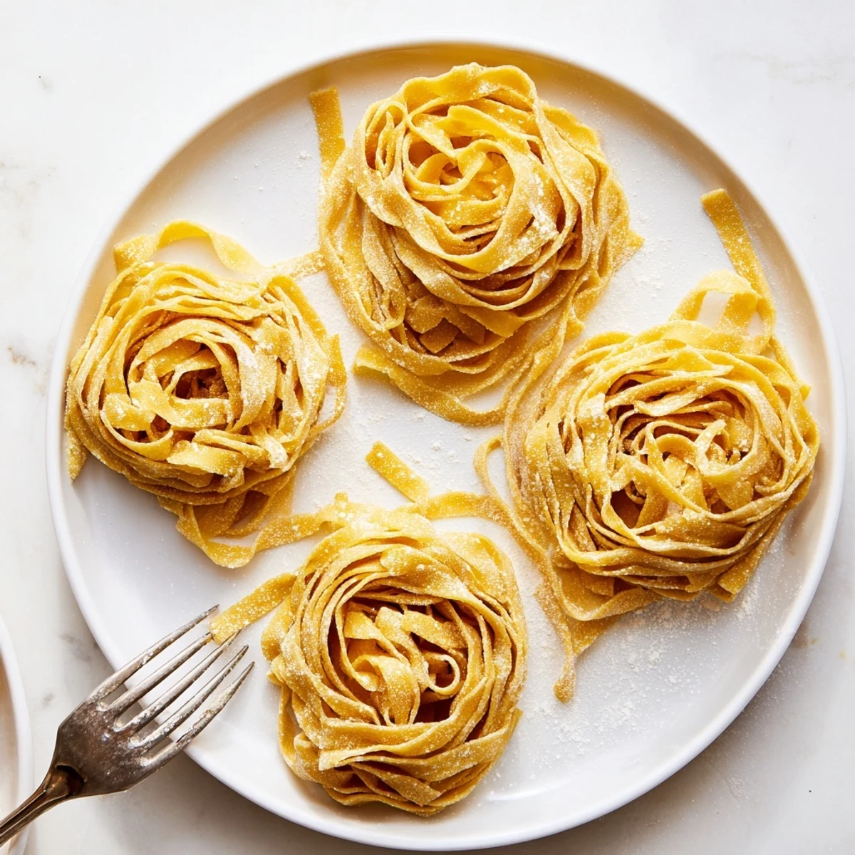 Golden strands of tangy homemade sourdough pasta drying before boiling