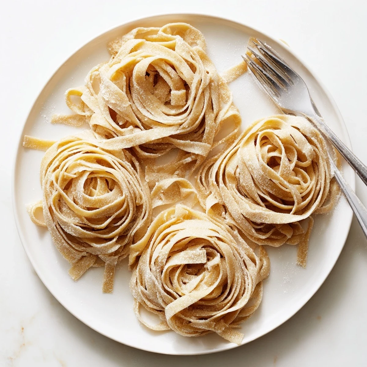 Freshly cut homemade sourdough pasta dusted with flour on a wooden board