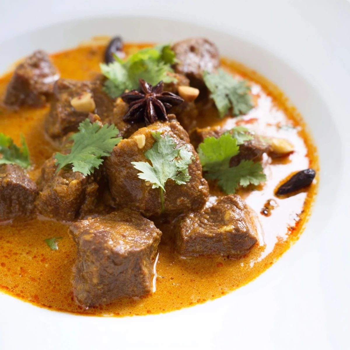 Golden Indian beef curry with tender chunks simmered in aromatic coconut milk sauce