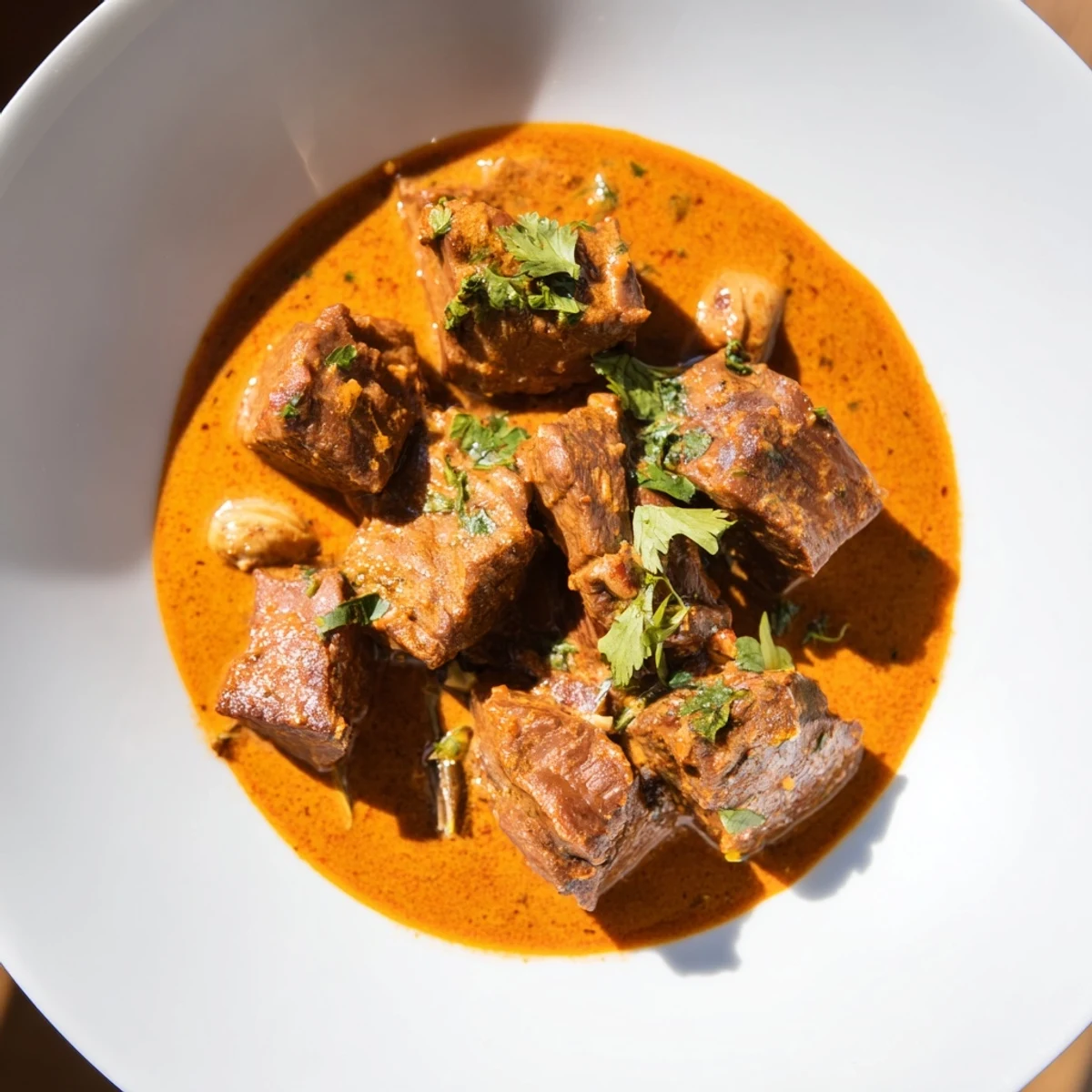 Hearty slow-cooked Indian beef curry featuring melt-in-your-mouth meat in thick red gravy