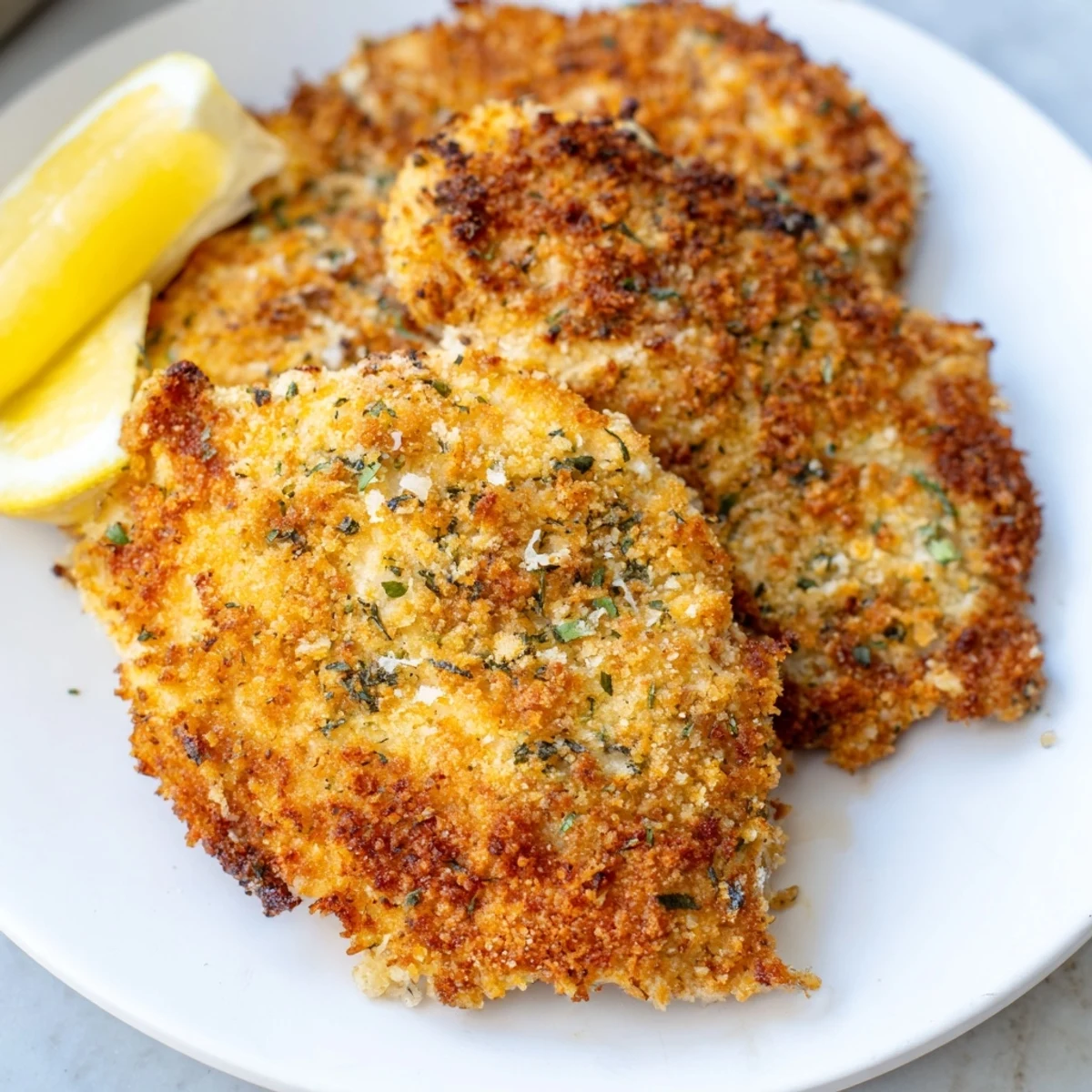Golden brown Italian chicken cutlets topped with fresh parsley and served with lemon wedges