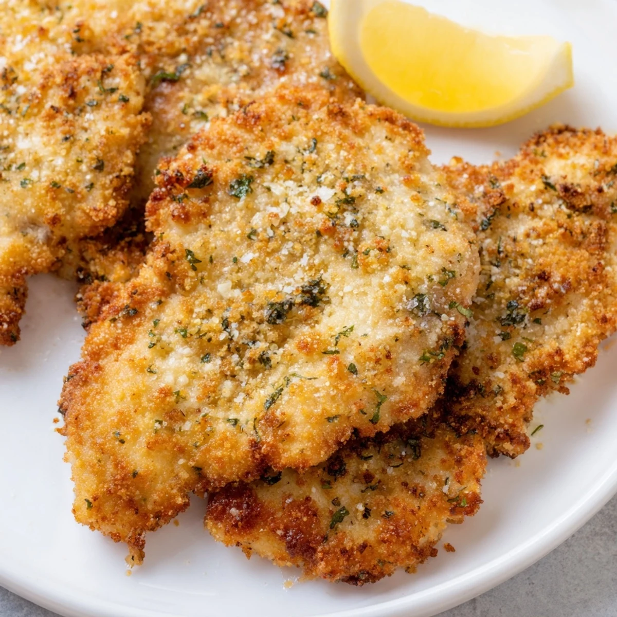 Crispy pan-fried Italian chicken cutlets arranged on white plate with garnish