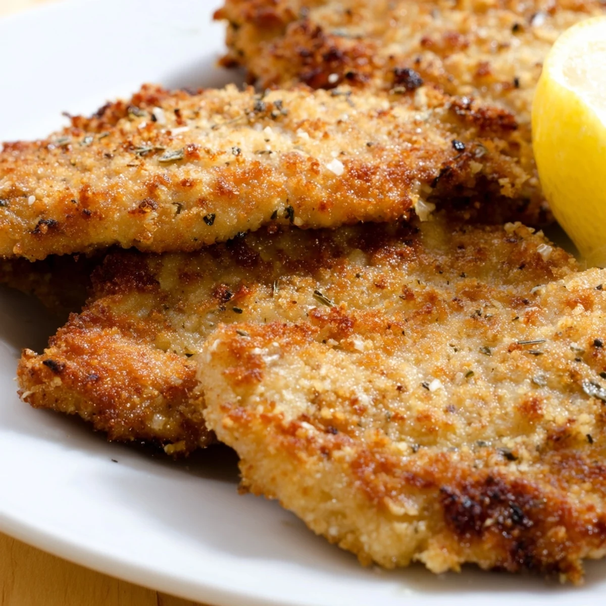 Homemade Italian chicken cutlets with golden breadcrumb coating on serving platter