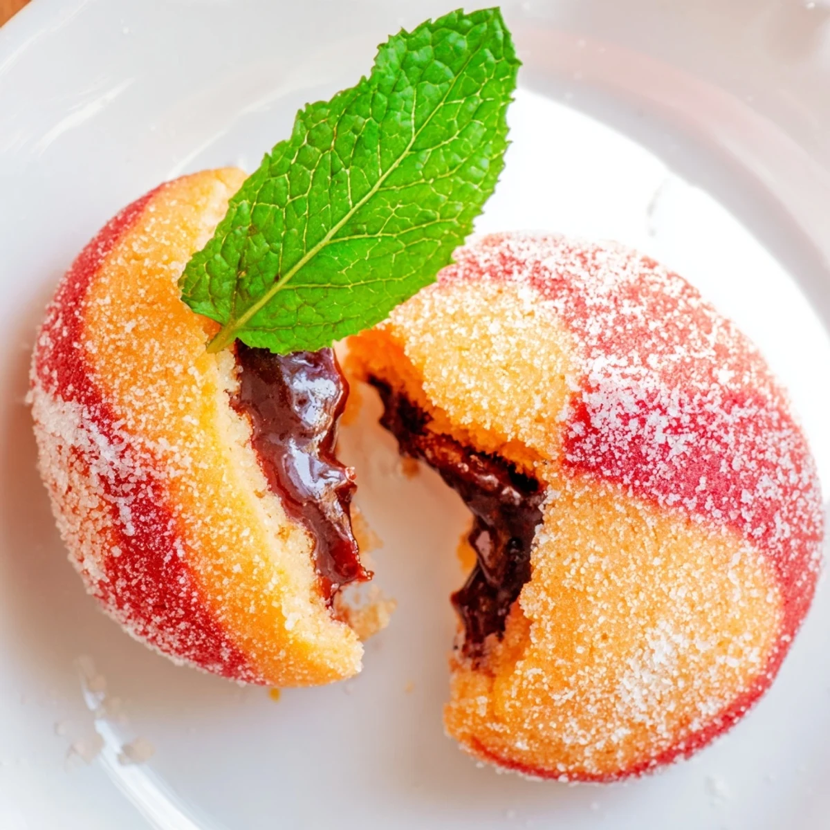 Golden Italian peach cookies filled with rich chocolate and jam, dusted with sparkling sugar
