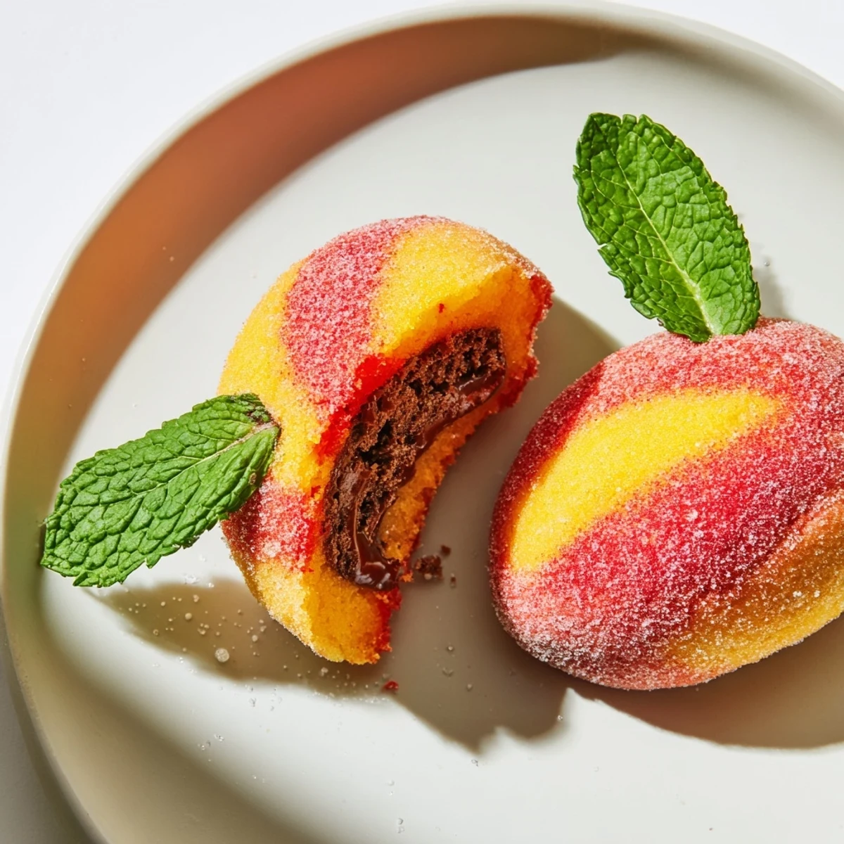 Soft peach-shaped sandwich cookies stuffed with chocolate hazelnut spread and fruity jam filling
