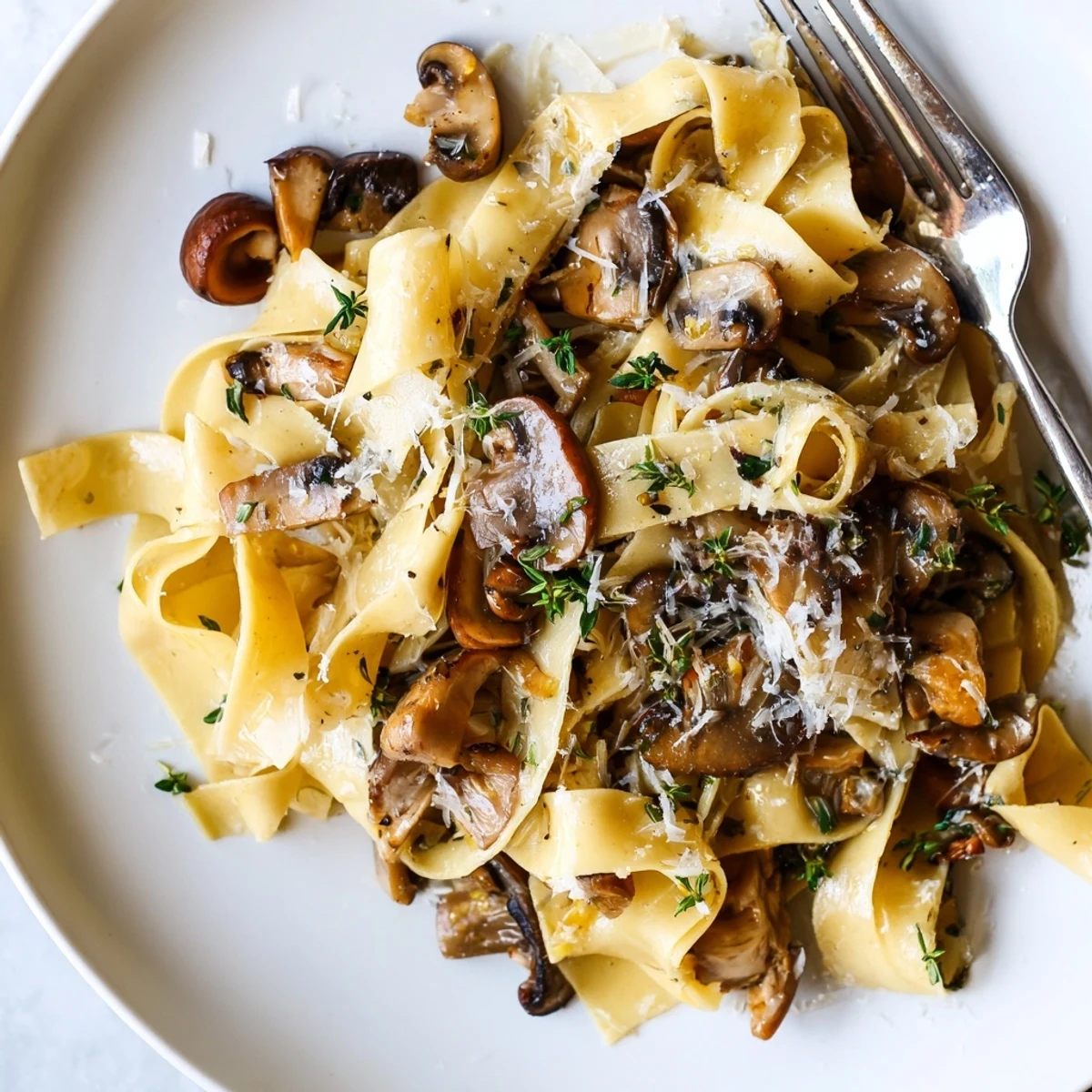 Golden mushroom pappardelle coated in rich garlic butter sauce with fresh parsley and Parmesan