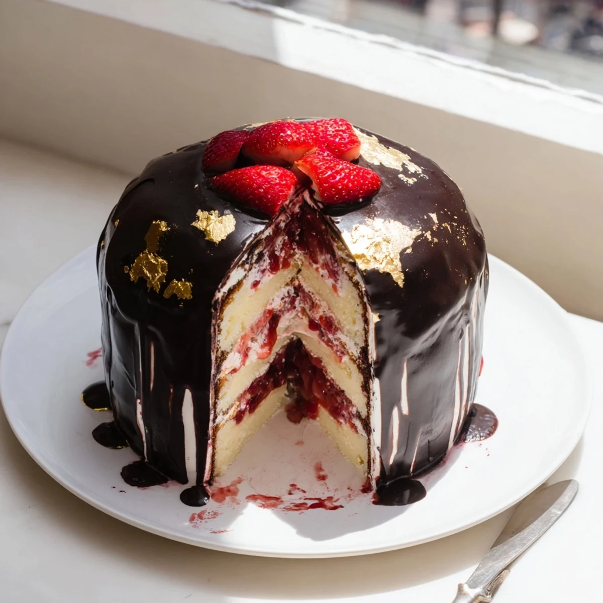 Decadent strawberry chocolate shell cake showcasing glossy dark chocolate coating with fresh strawberry garnish