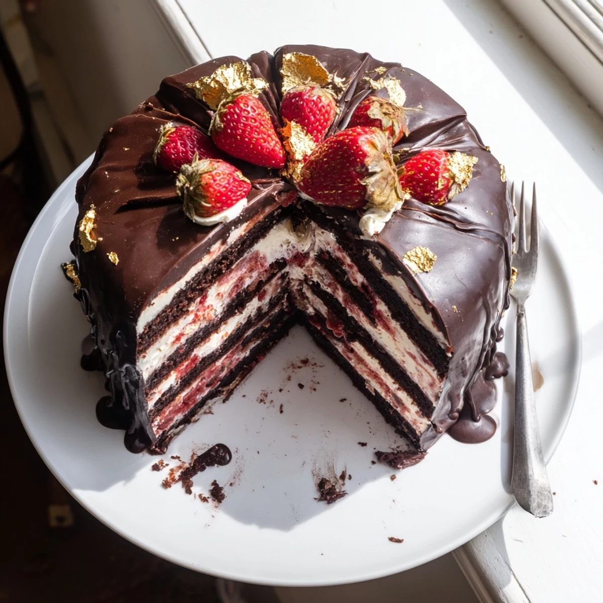 Layered vanilla sponge filled with luscious strawberries topped with crackling chocolate ganache shell