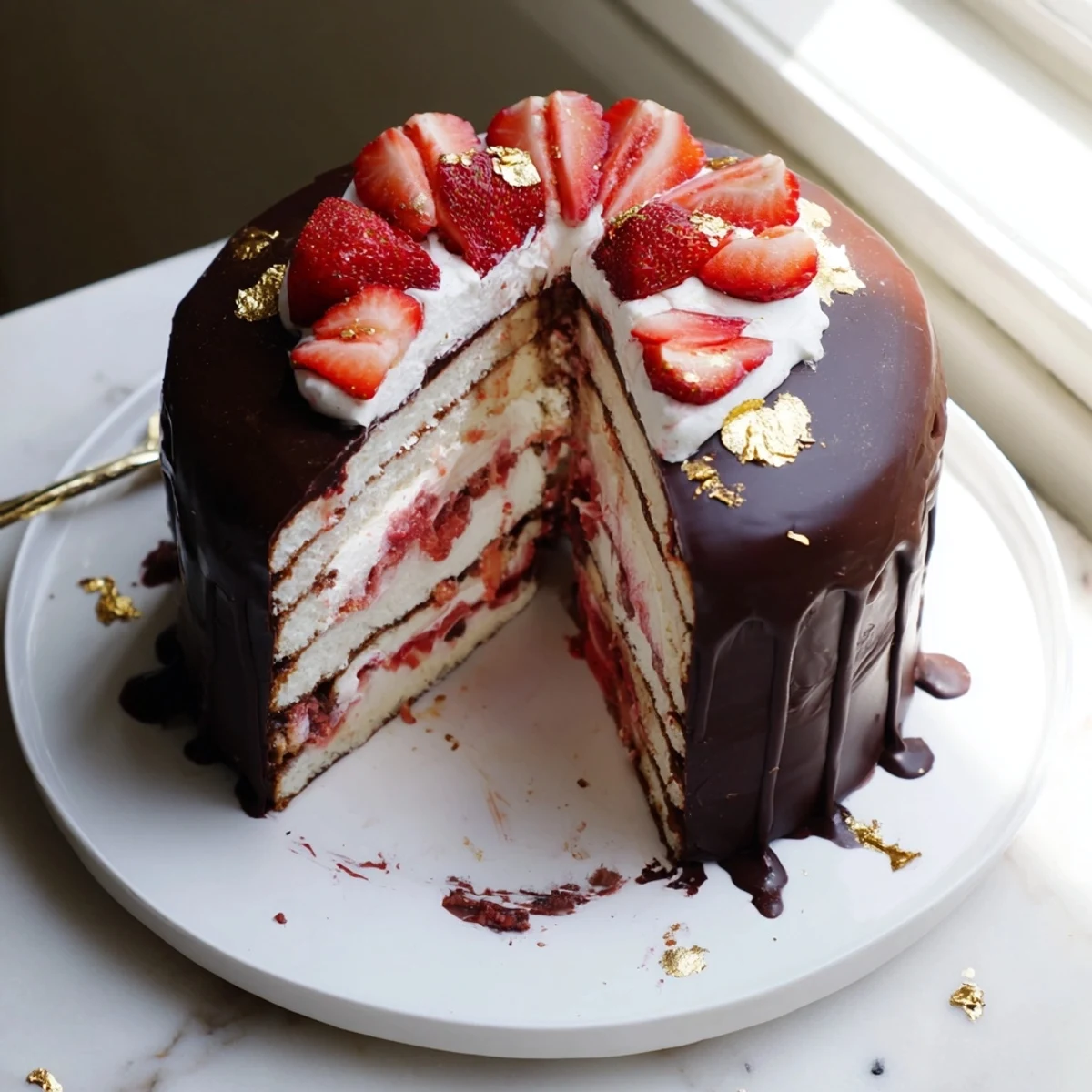 Slice of indulgent strawberry chocolate shell cake revealing whipped cream and vibrant red filling