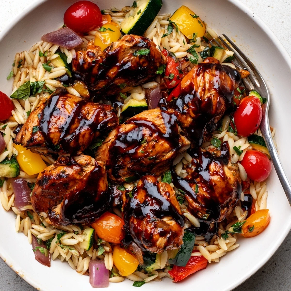 Golden balsamic glazed chicken breast resting atop colorful roasted vegetables and fluffy orzo pasta