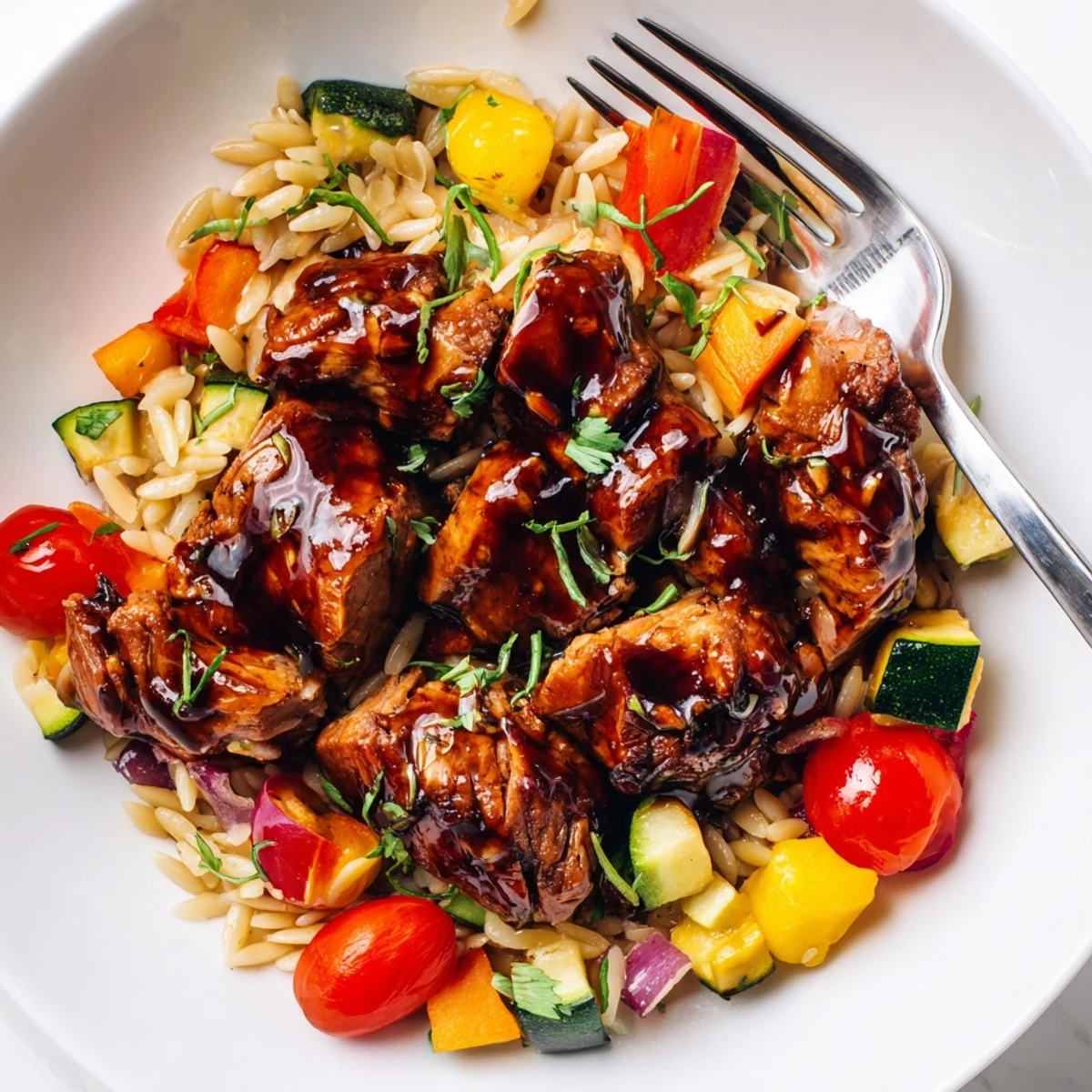 One pan balsamic chicken veggie orzo featuring tender meat caramelized vegetables and fresh herb garnish