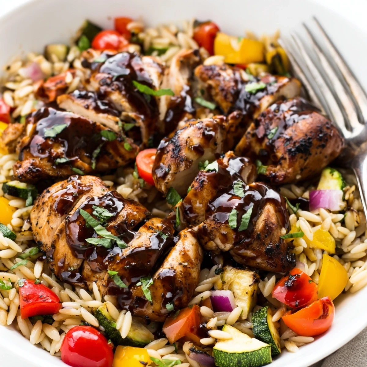 Savory chicken thighs with balsamic glaze served over mediterranean orzo with zucchini bell peppers and tomatoes