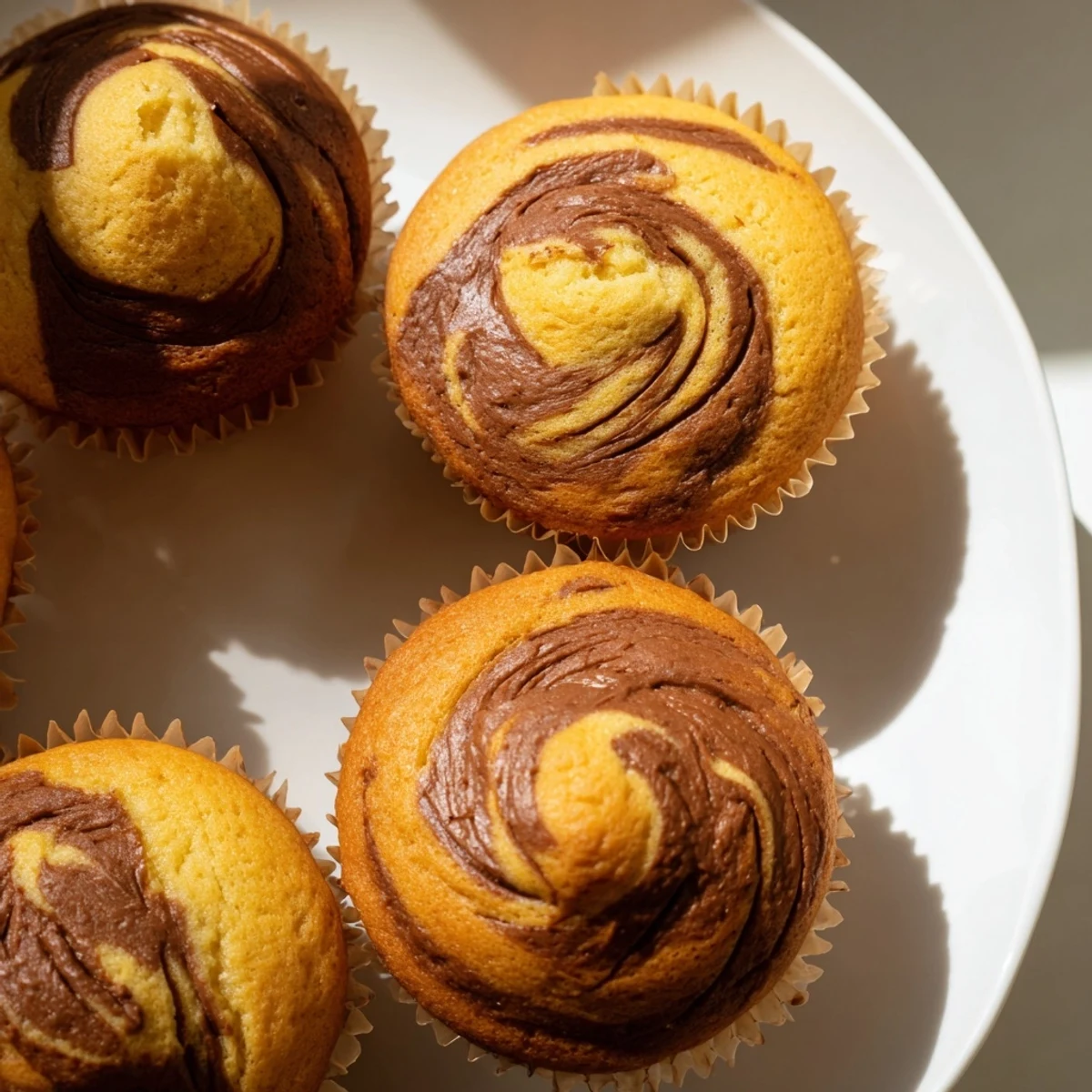 Freshly baked muffins featuring ripe banana batter swirled with generous Nutella on a cooling rack