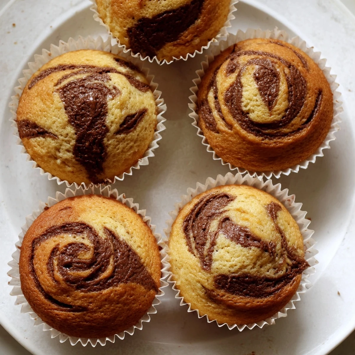 Warm homemade Nutella banana muffins topped with melty chocolate hazelnut ribbons ready for breakfast
