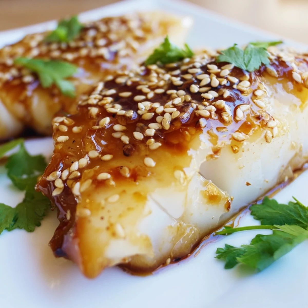 Golden baked cod with honey soy marinade garnished with fresh parsley and sesame seeds