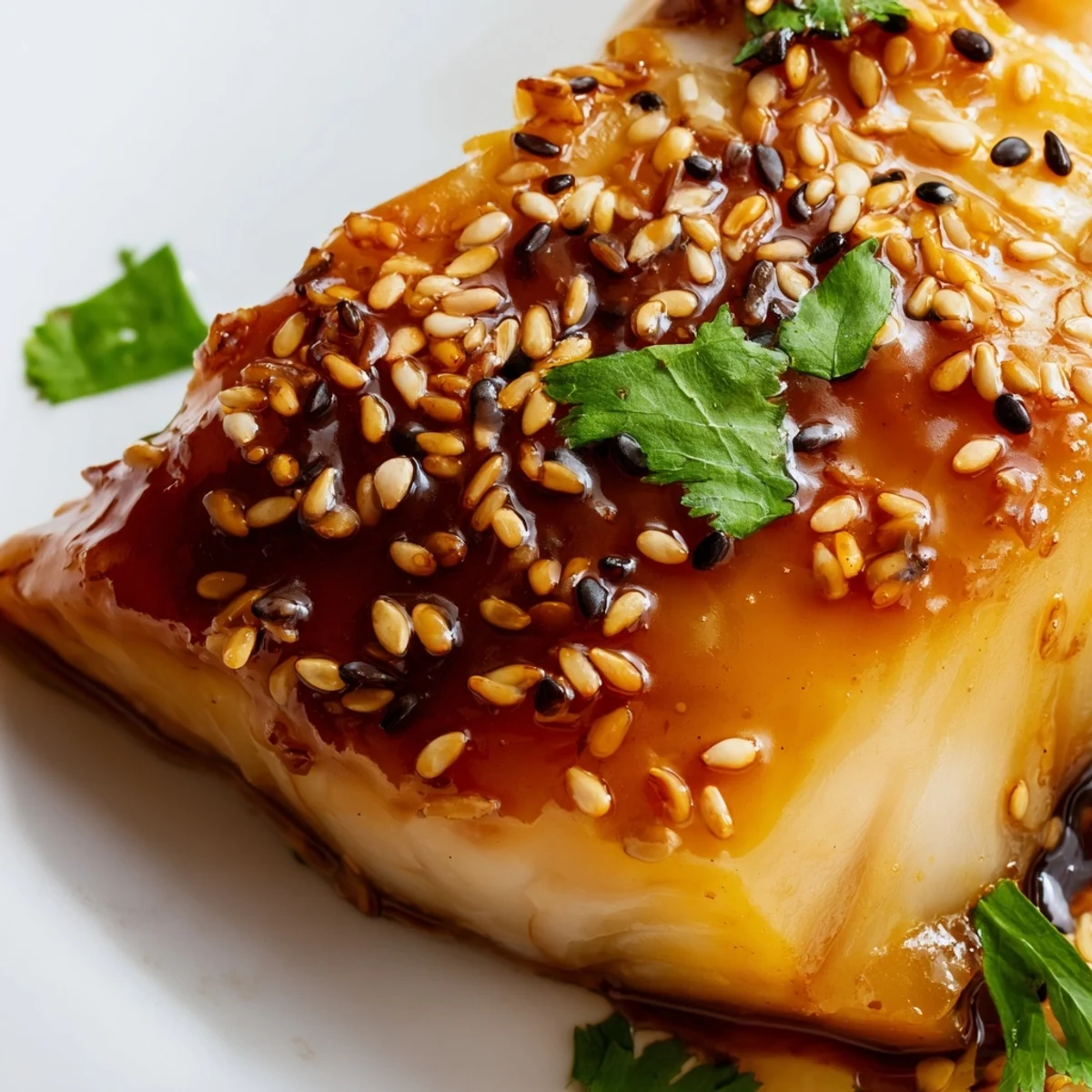 Flaky tender honey soy baked cod fillets served with lemon wedges on white plate