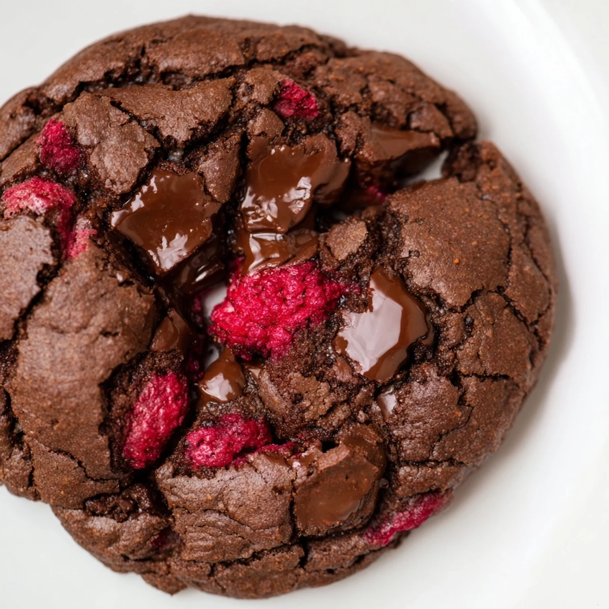 Freshly baked dark chocolate raspberry cookies with gooey chocolate centers and vibrant red raspberry pieces