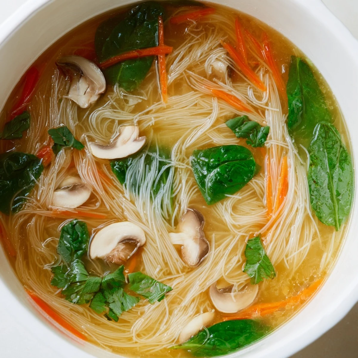 Aromatic ginger garlic soup featuring slippery rice noodles, spinach, and vibrant cilantro garnish