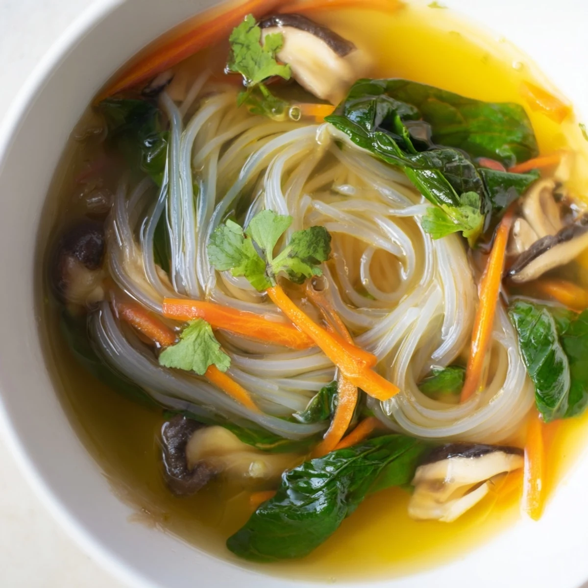 Steaming bowl of healing ginger garlic broth with tender rice noodles and fresh herbs