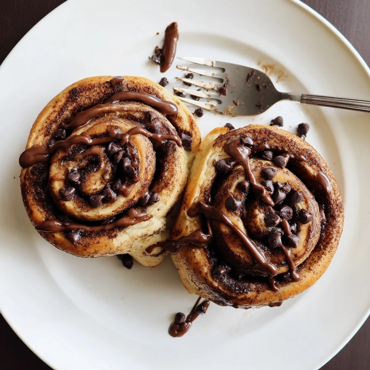 Freshly baked double chocolate cinnamon rolls drizzled with rich chocolate glaze on a white plate