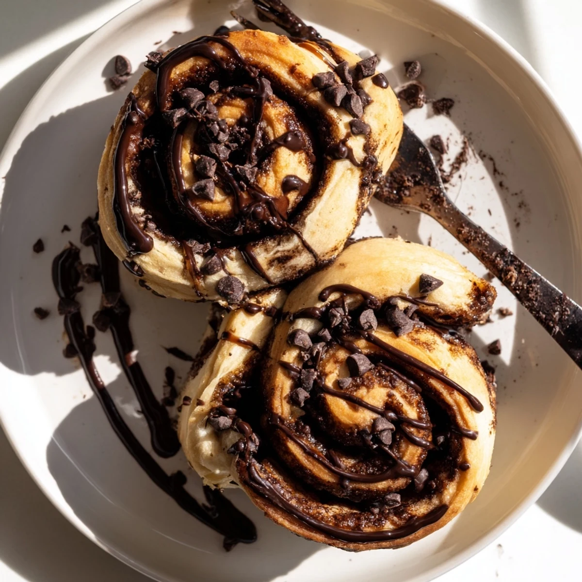 Warm double chocolate cinnamon rolls with spiraled chocolate cinnamon filling ready for breakfast serving