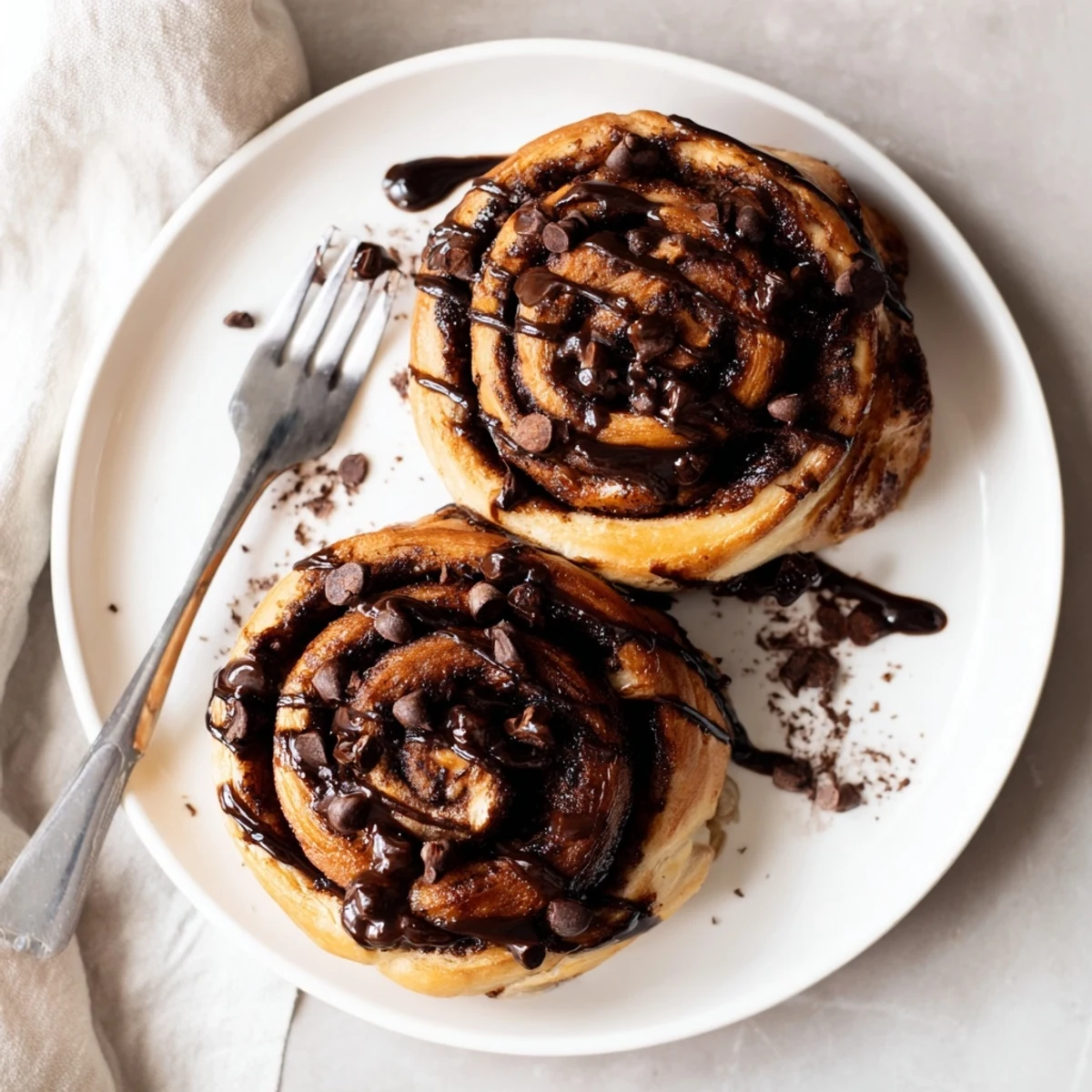 Soft double chocolate cinnamon rolls topped with sweet cocoa glaze and served on a rustic board