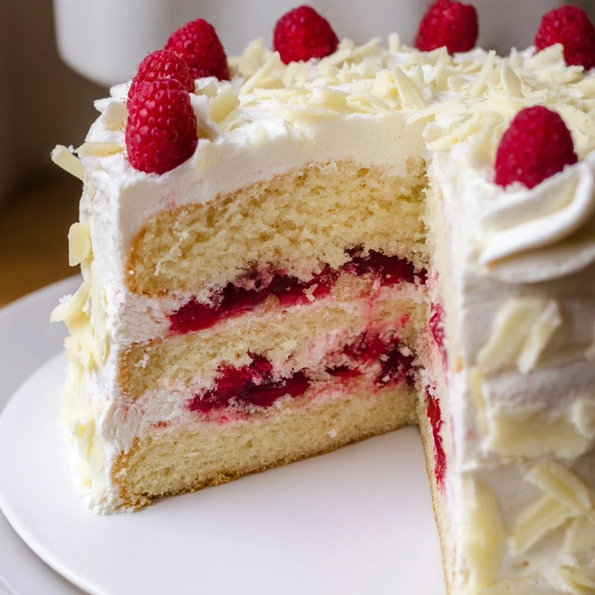 White chocolate raspberry cream cake with fresh raspberries and chocolate curls on a serving platter