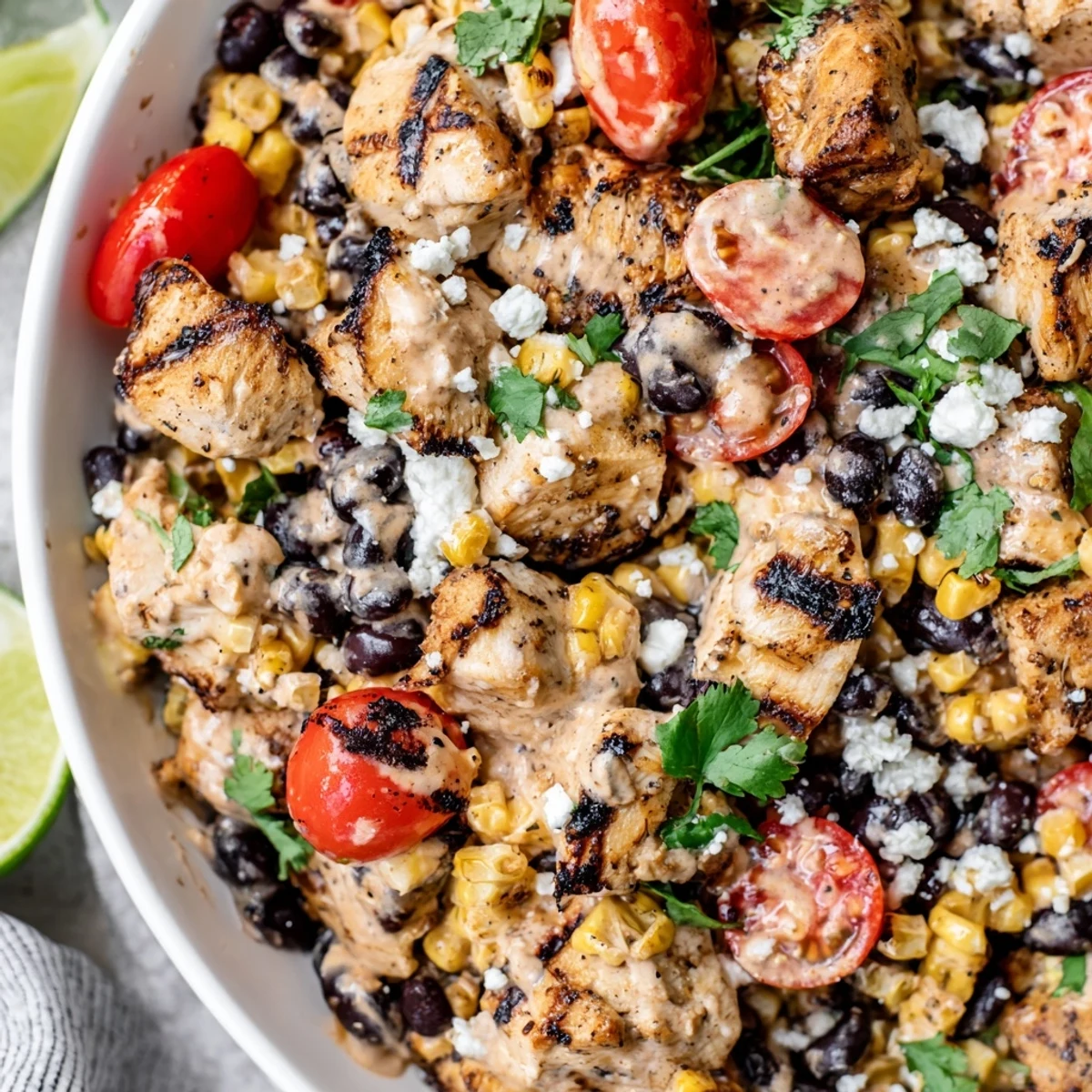 Fresh high protein chicken street corn salad loaded with juicy tomatoes, red onion, cilantro, and tender grilled chicken pieces