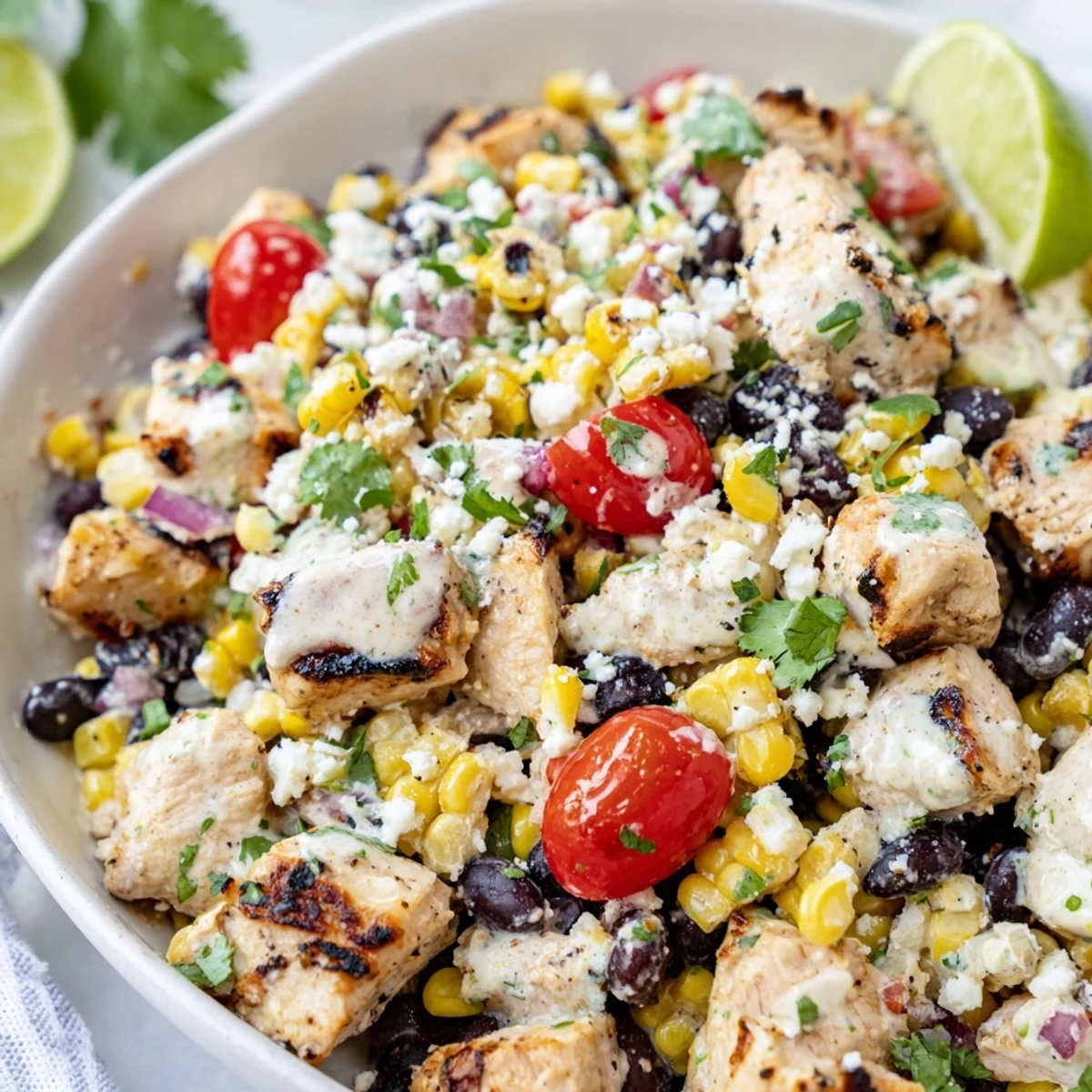 Creamy high protein chicken street corn salad topped with crumbled cotija cheese and served with fresh lime wedges