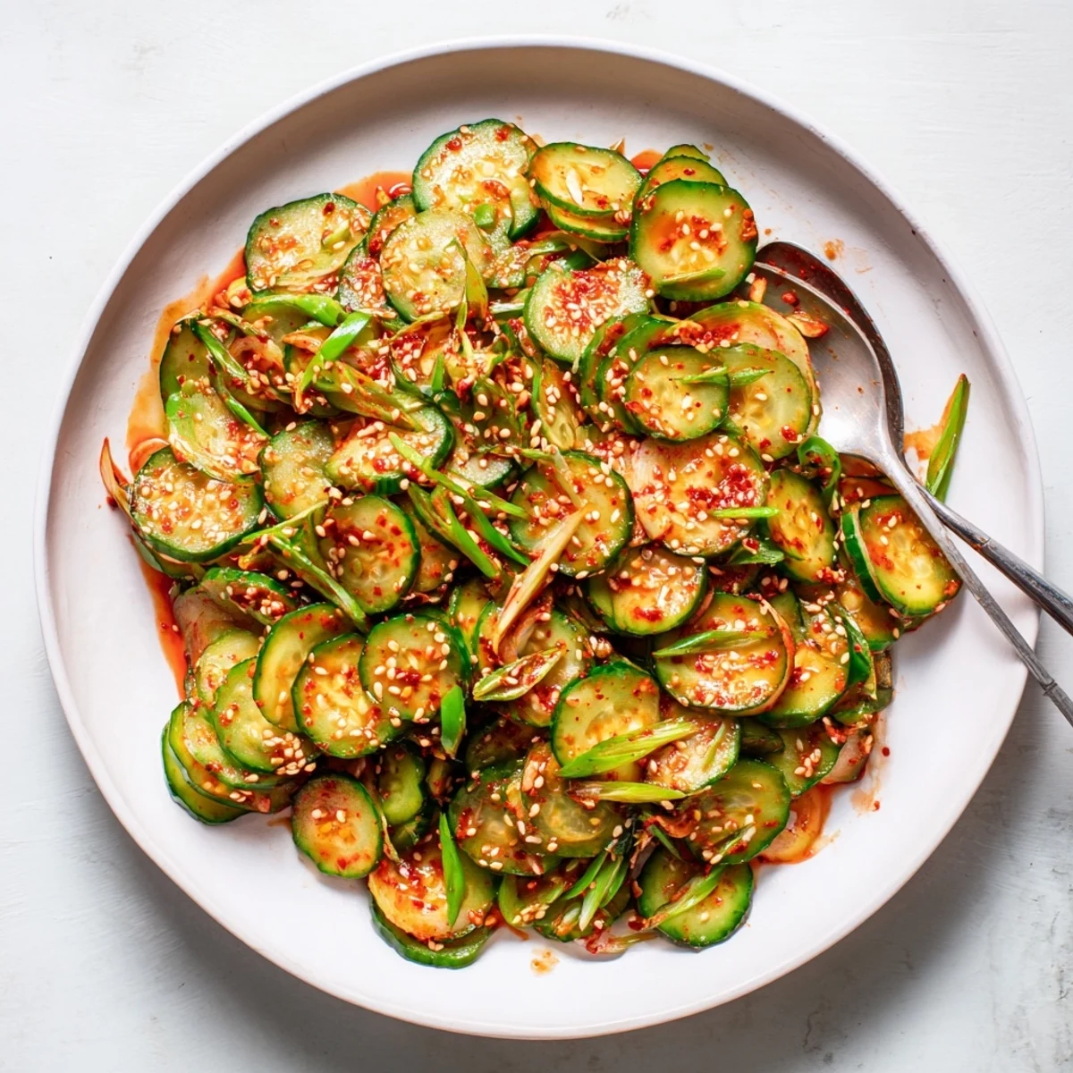 Vibrant bowl of spicy Korean cucumber salad served with toasted sesame seeds on top