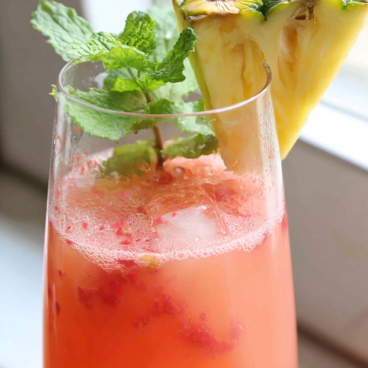 Refreshing pineapple pink lemonade in a glass pitcher garnished with fresh pineapple wedges and mint leaves