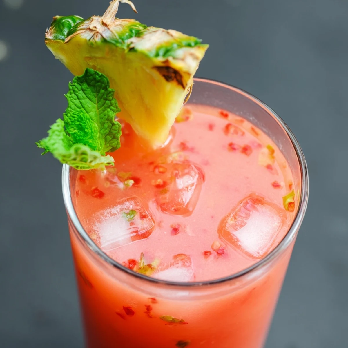 Vibrant pink beverage poured over ice with floating strawberry and pineapple chunks on a sunny day