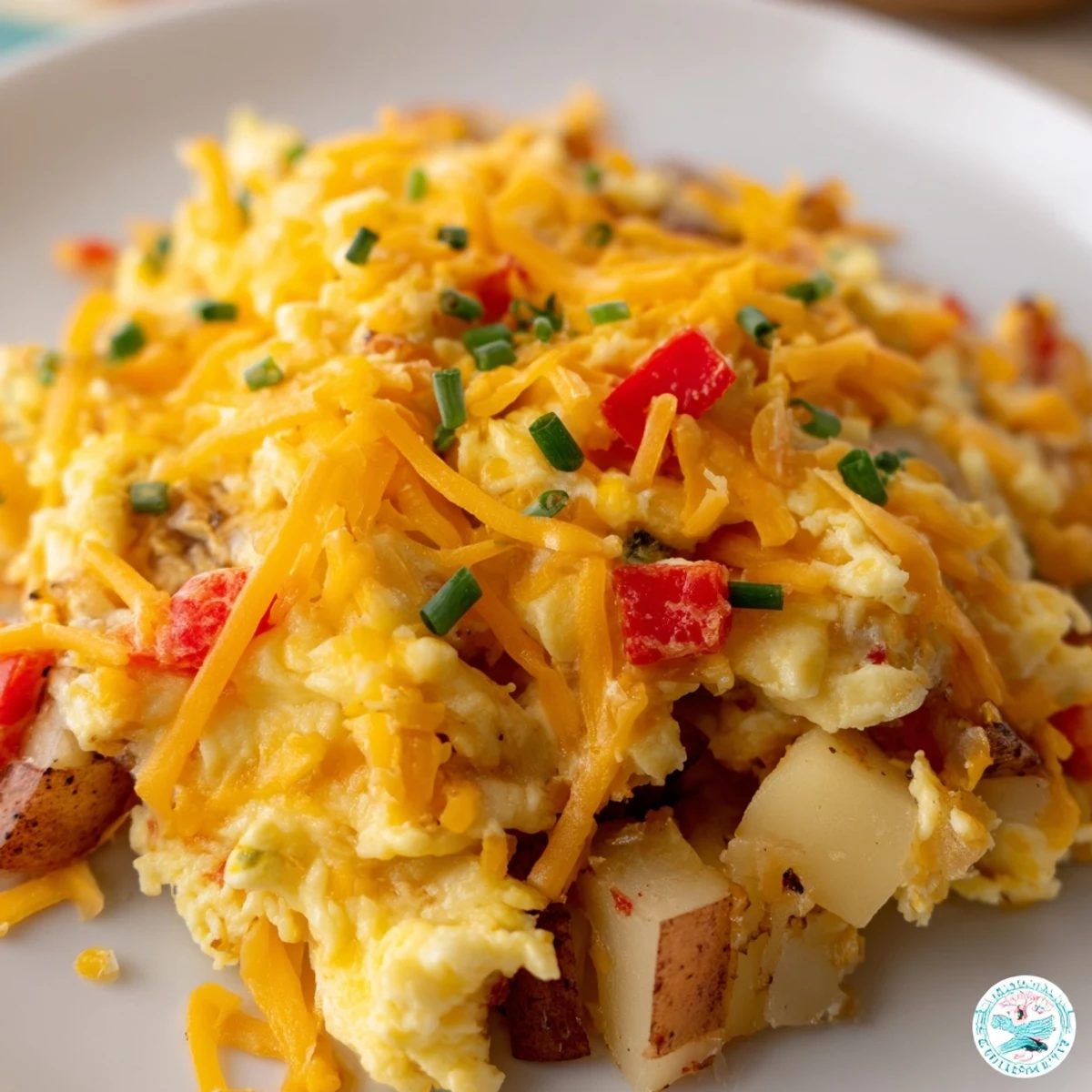 Golden cheesy potato egg scramble in a skillet with melted cheddar and colorful diced vegetables
