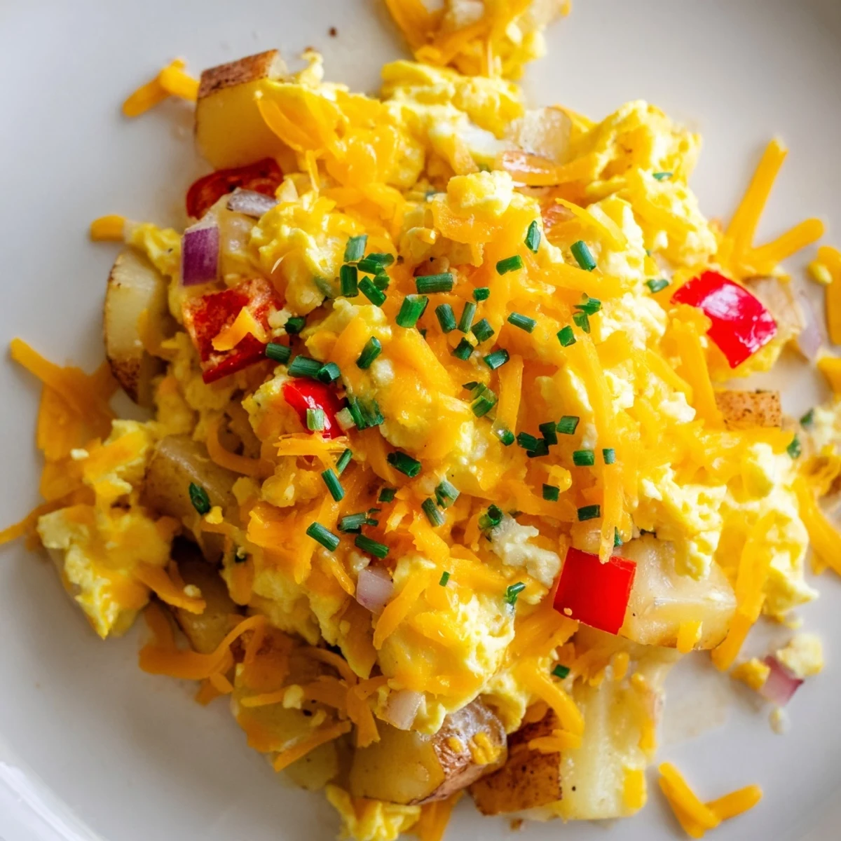 Fluffy scrambled eggs mixed with crispy potatoes and melted cheese served hot for breakfast